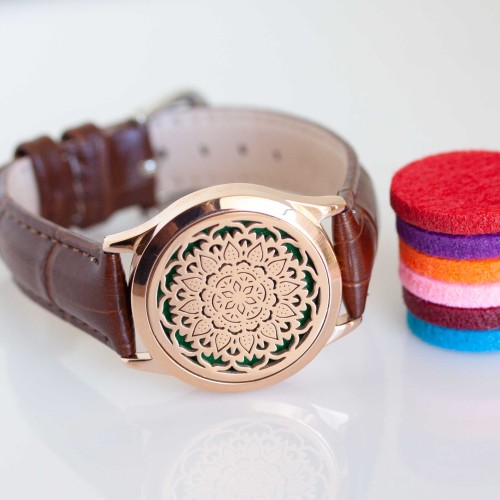 Perfume Watch Bracelet - Brown Band, Rose Gold Locket Perfume Watch Bracelet - Brown Band, Rose Gold Locket