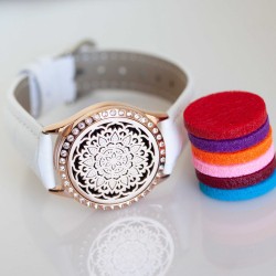 Perfume Watch Bracelet - White Band, Rose Gold with Diamante Locket Perfume Watch Bracelet - White Band, Rose Gold with Diamante Locket